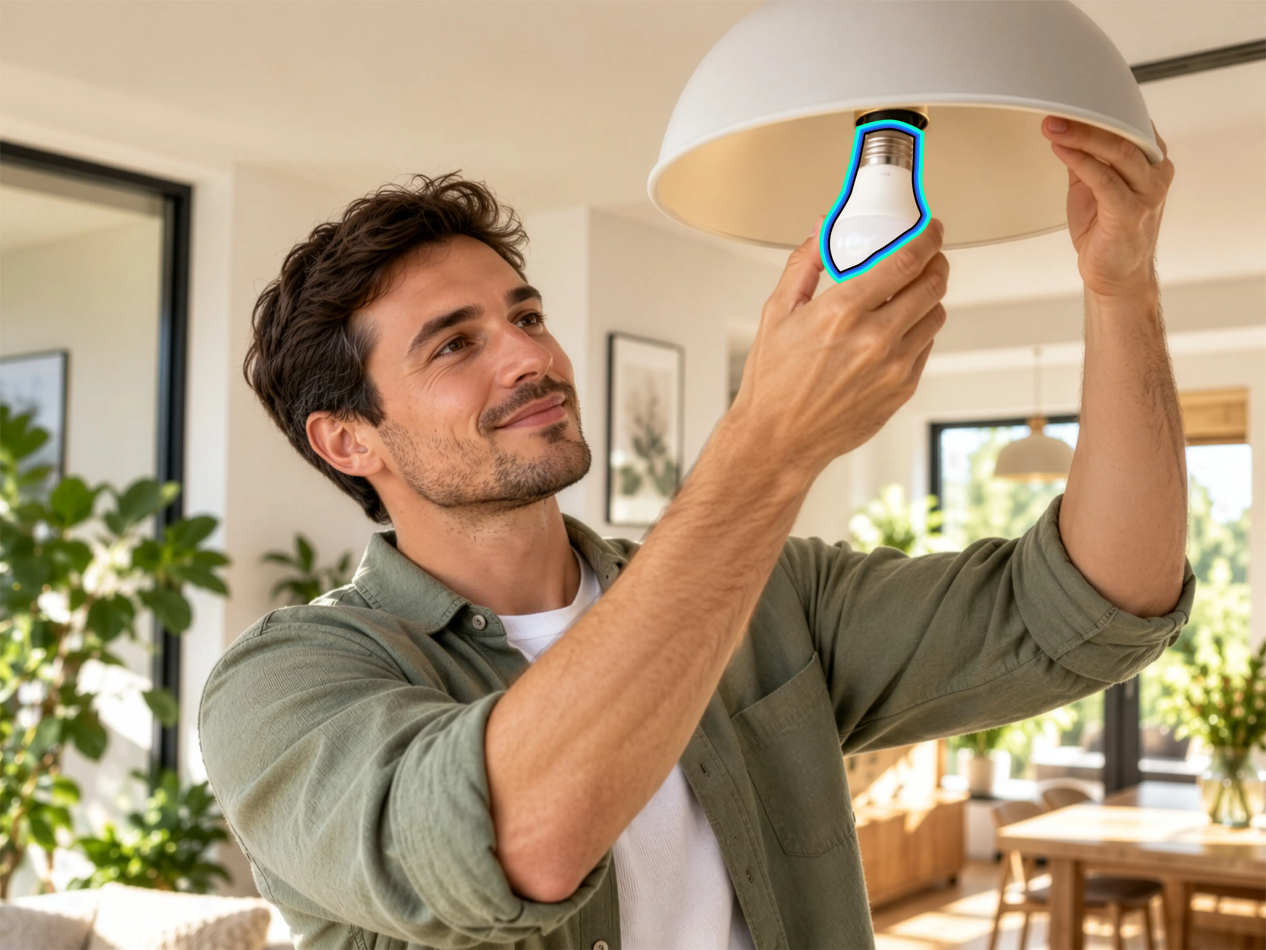 Uomo sorridente che avvita una lampadina in una lampada a sospensione